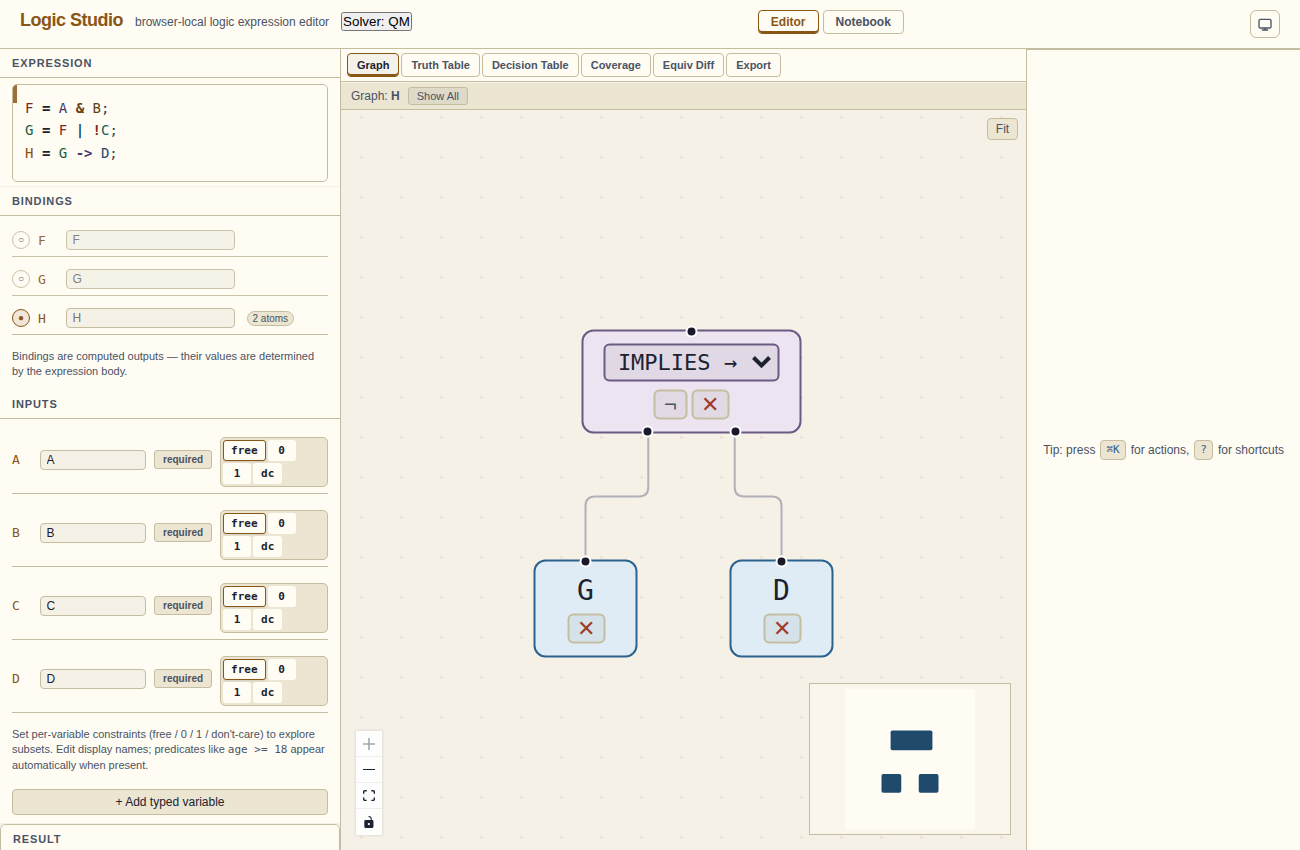 Multi-binding example with three named bindings (F, G, H) — the graph shows the tree for the active binding H.