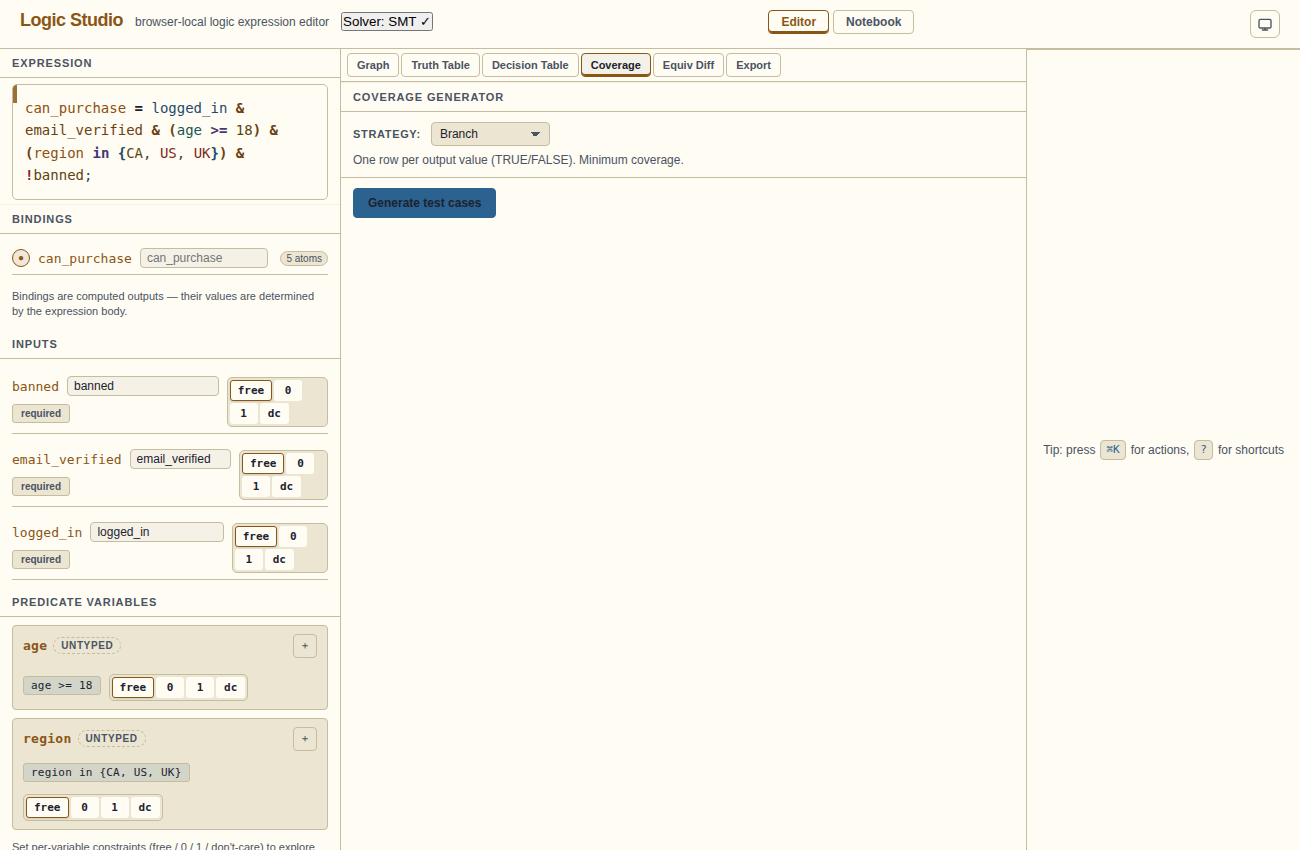 Coverage panel with the MC/DC strategy selected and a set of generated test vectors shown in a table.