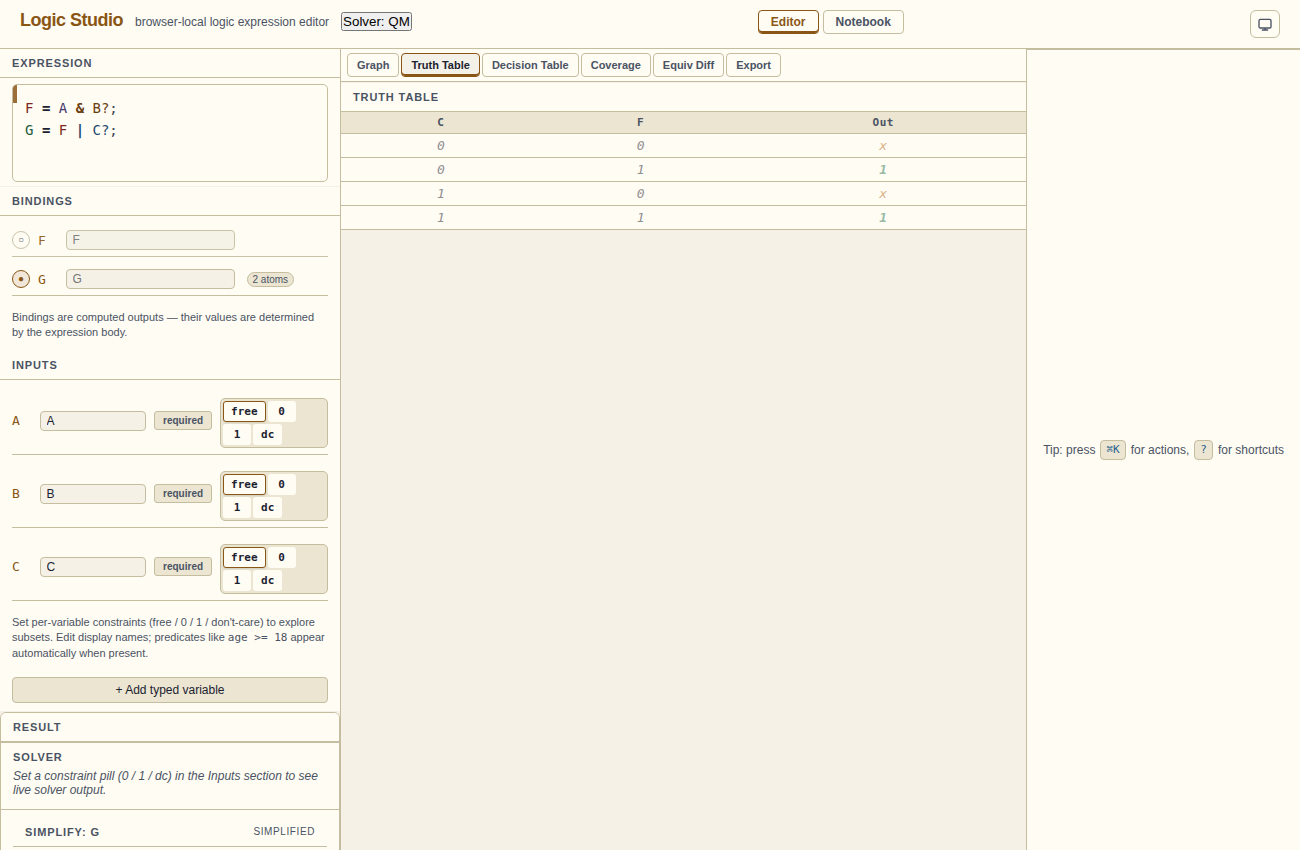 Truth table with don't-care rows shown in italics with a ? in the output column.