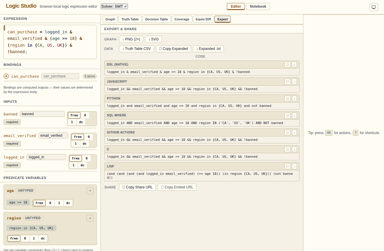 Export tab showing PNG and SVG download buttons, plus code export options.