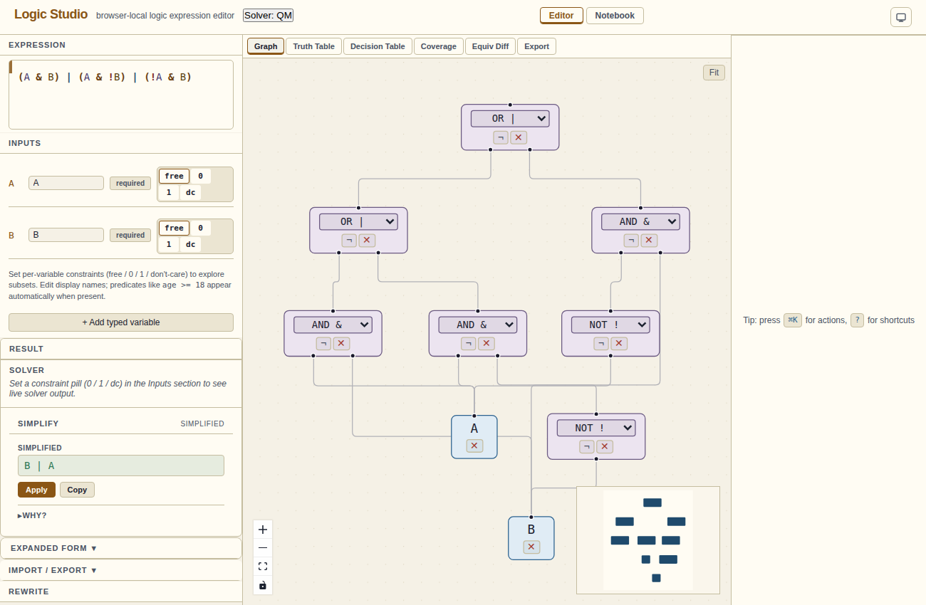Simplify panel showing a minimised result and a Why? trace explaining the steps.