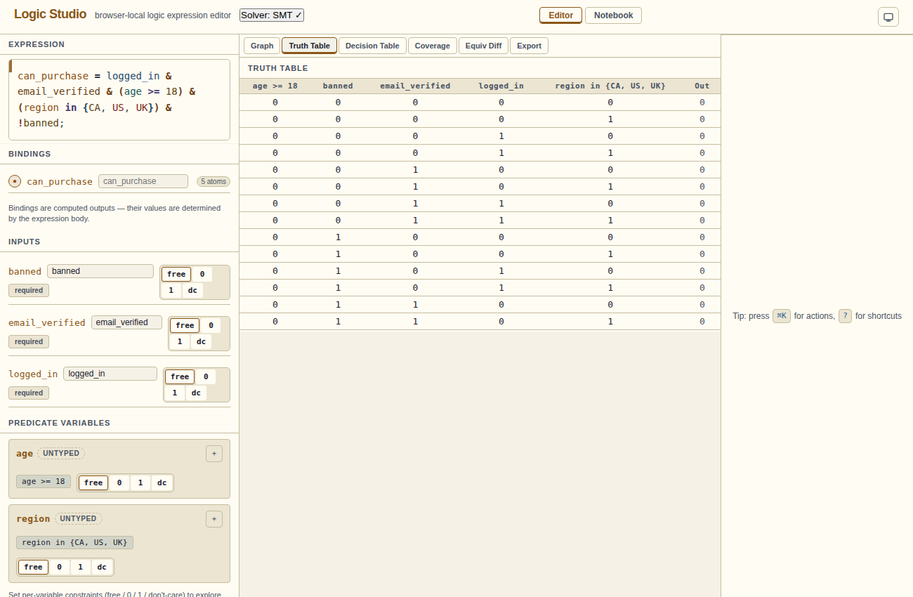 Truth table for the feature-flag example showing columns for each predicate atom and a final Out column.
